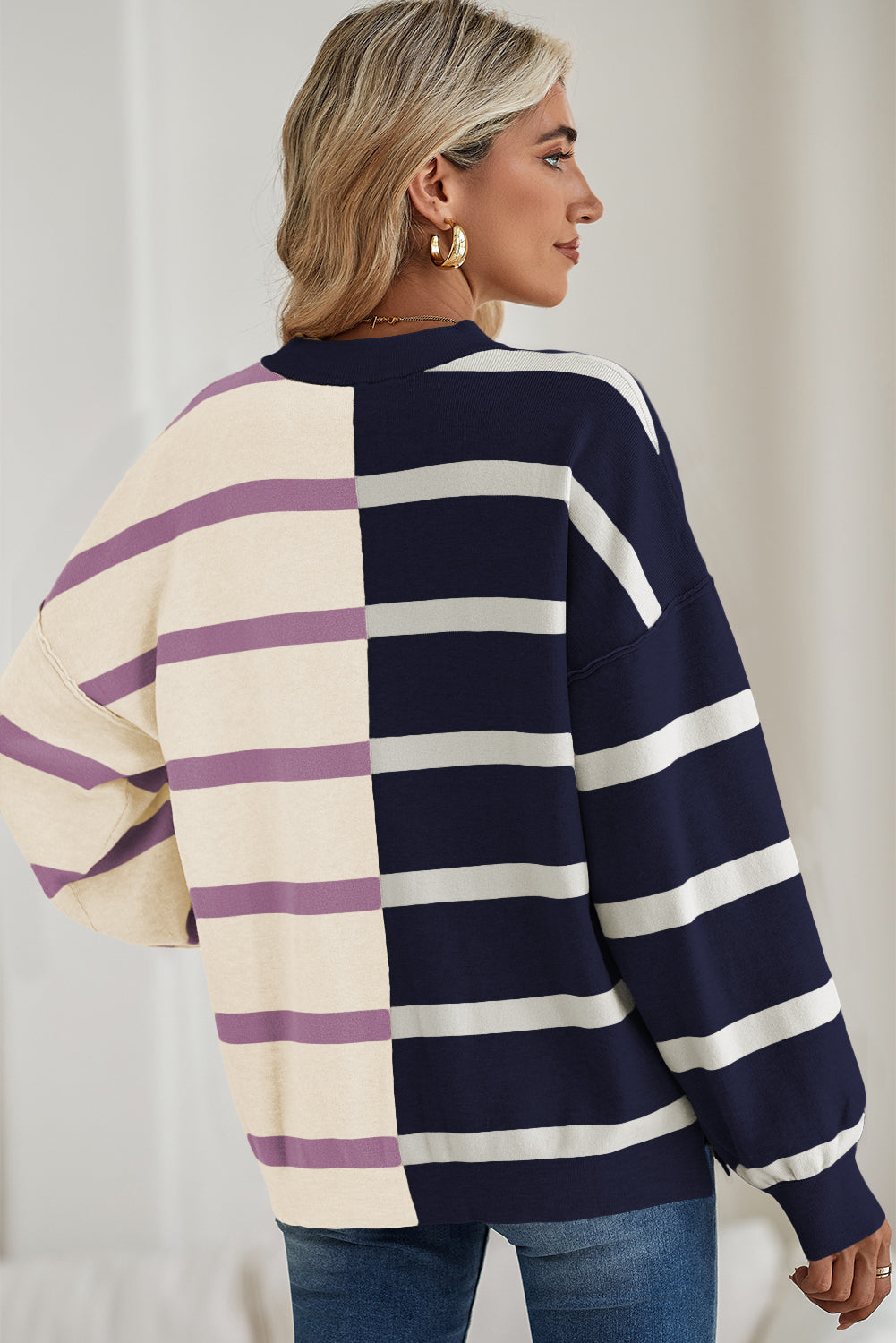 Light Beige Striped Colorblock Drop Shoulder Sweater-True and Wild