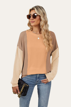 Double Take Texture Contrast Round Neck Long Sleeve T-Shirt-True and Wild