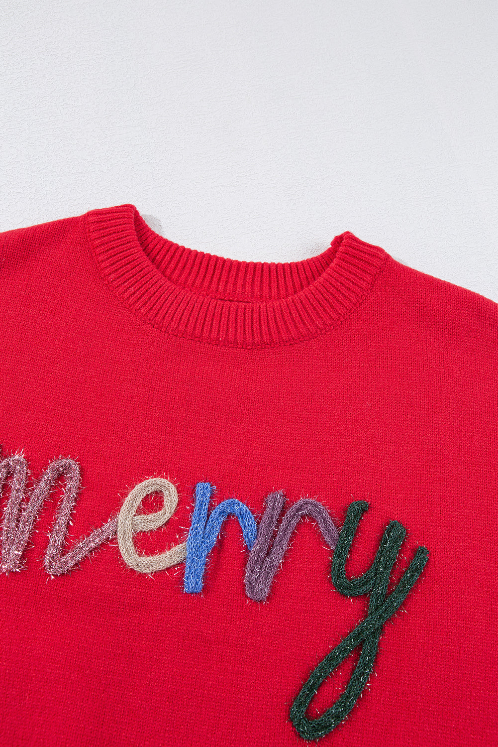 Fiery Red Tinsel Merry Letter Drop Shoulder Baggy Sweater-True and Wild