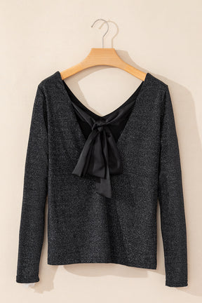 Black Sweet Bowknot Backless V Neck Top-True and Wild