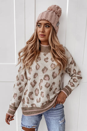 Brown Two-tone Ribbed Trim Contrast Leopard Sweater-True and Wild