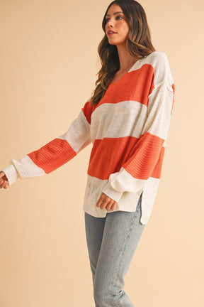 Orange Colorblock V Neck Side Slits Sweater-True and Wild