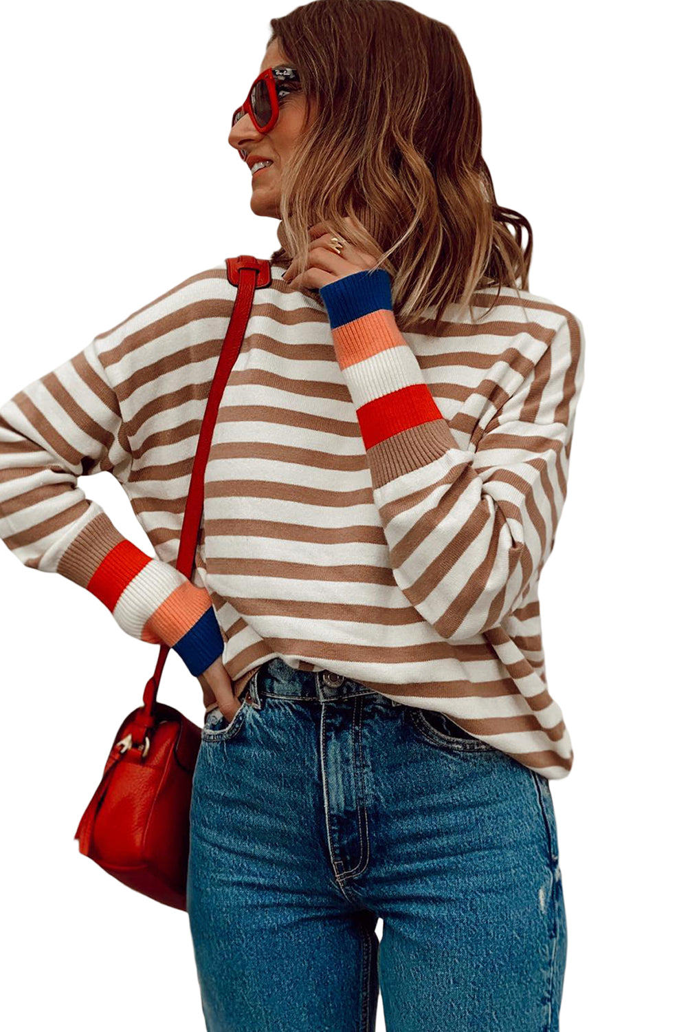 Brown Stripe Bishop Sleeve Turtleneck Sweater-True and Wild