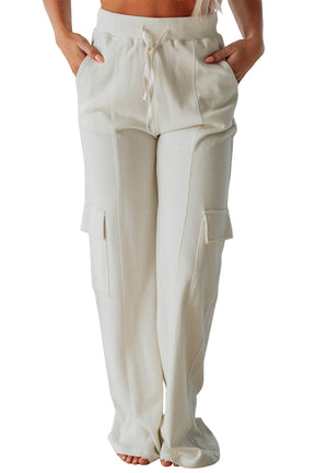 Beige Plain Cargo Pockets High Waist Sweatpants-True and Wild