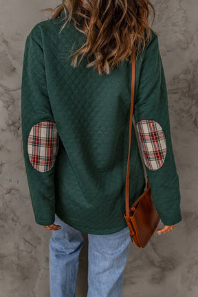 Red Plaid Geometric Texture Trim Button Neck Sweatshirt-True and Wild