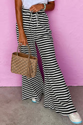 Black Stripe Lace-up Waist Casual Flared Pants-True and Wild