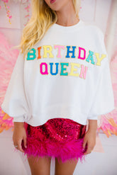 White BIRTHDAY QUEEN Graphic Lantern Sleeve Sweatshirt