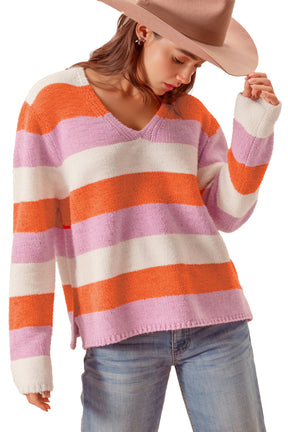 Orange Casual Stripe V Neck Side Slit Sweater-True and Wild