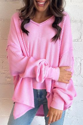 Pink Waffle Textured V-Neck Oversized Top-True and Wild