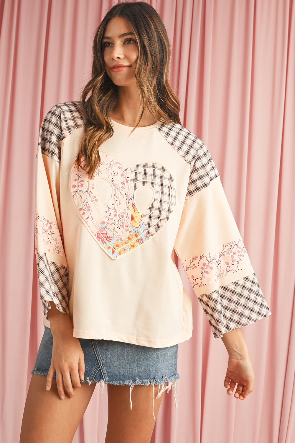 Aqua Plaid Floral Patchwork Heart Long Sleeve Top-True and Wild