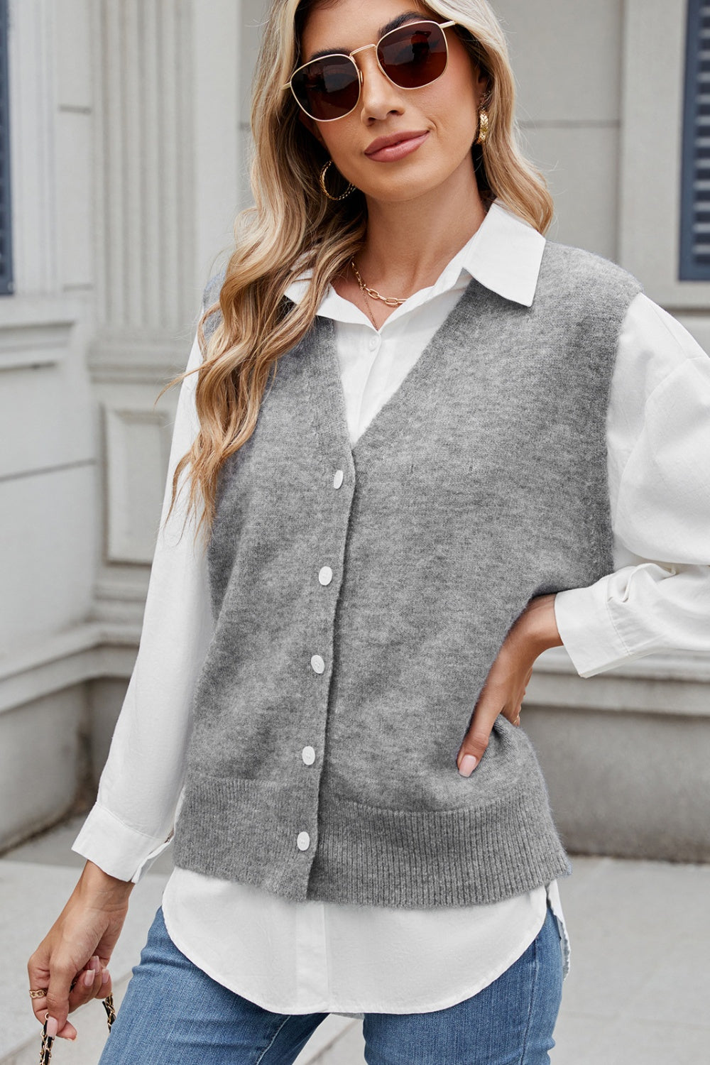 Button Down V-Neck Sweater Vest