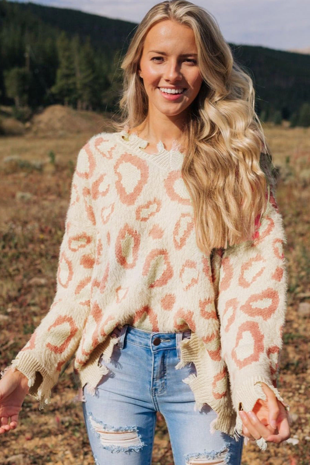 Distressed Trim Leopard V-Neck Sweater-True and Wild