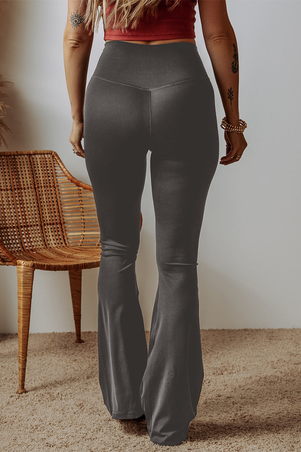 Black V Shape High Waist Flared Leggings-True and Wild