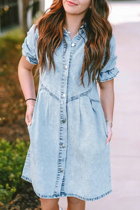 Blue Mineral Washed Ruffled Short Sleeve Pocketed Denim Dress-True and Wild