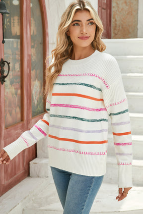 Black Colorful Striped Ribbed Trim Round Neck Sweater-True and Wild