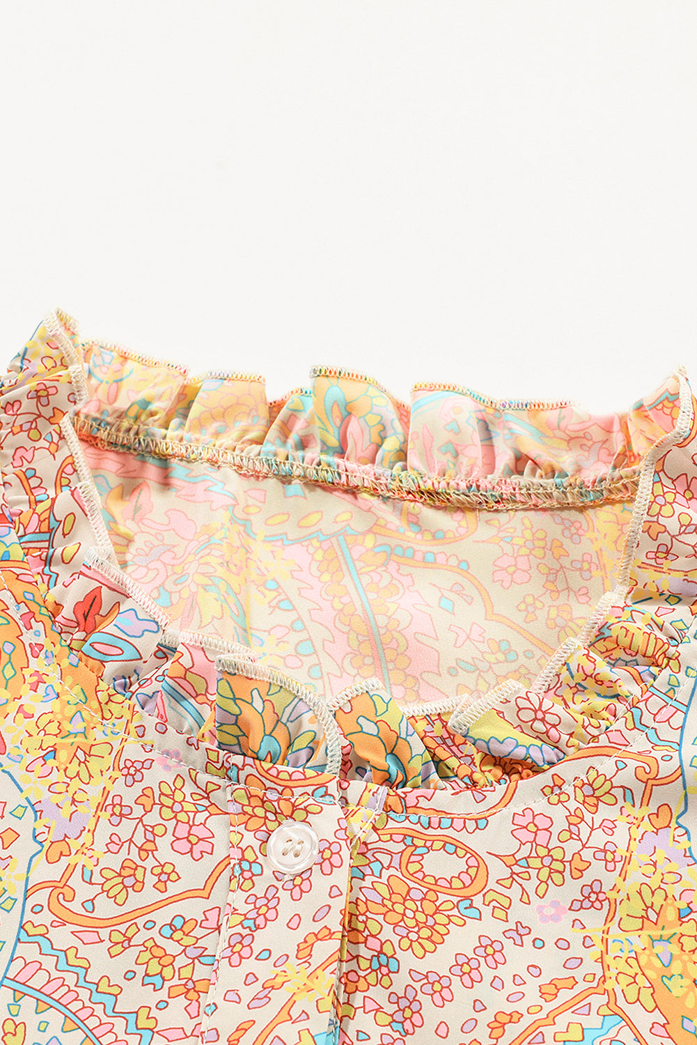 Yellow Paisley Print Ruffled Trim Button Up Boho Blouse