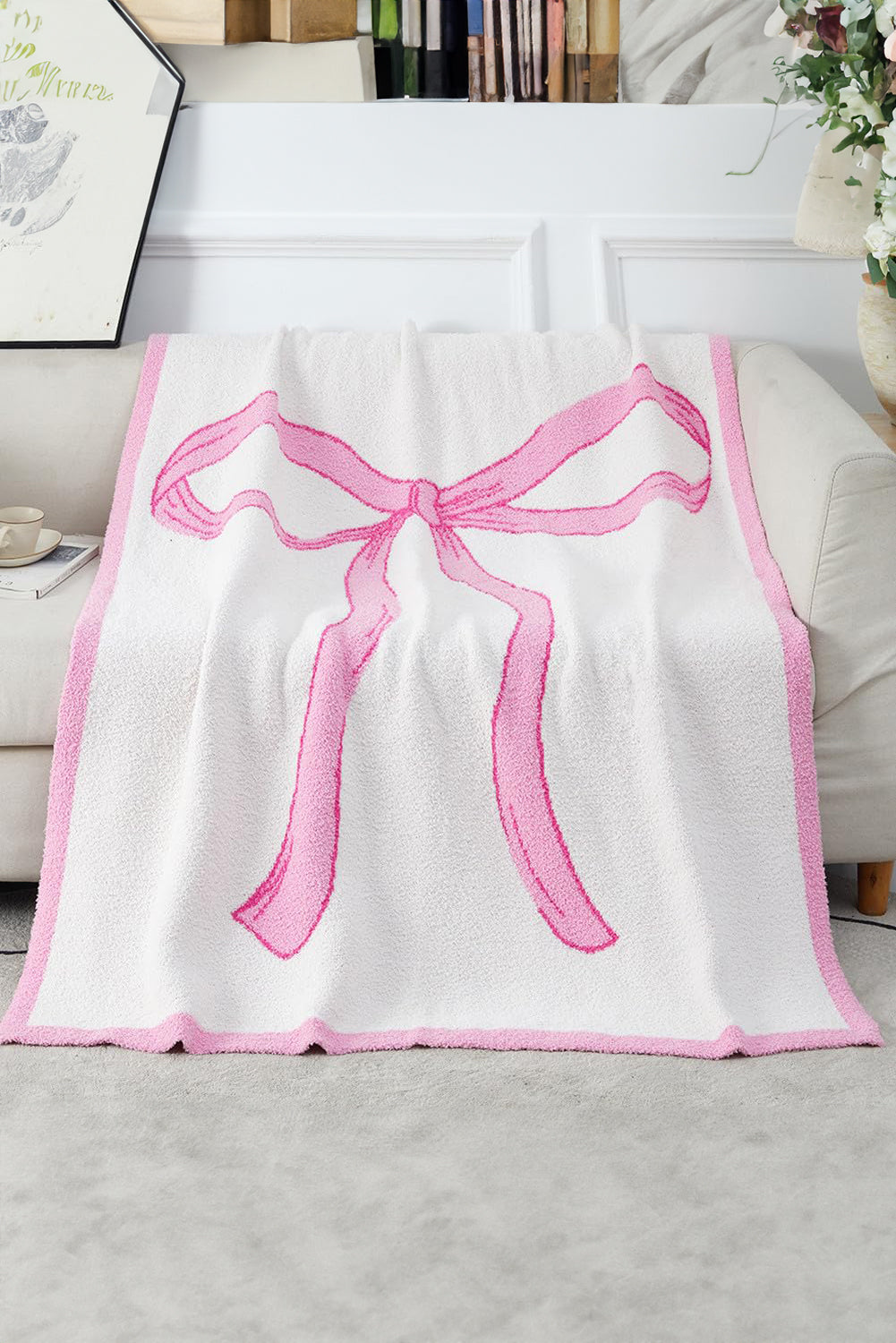 Pink 127*152cm Bow Printed Cozy Soft Throw Blanket-True and Wild