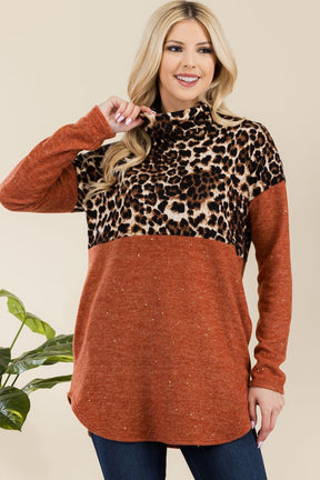 Celeste Full Size Curved Hem Leopard Turtleneck Long Sleeve Blouse-True and Wild