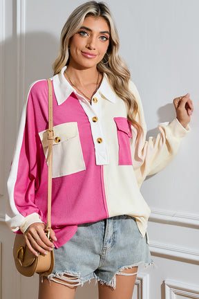 Pink Colorblock Patchwork Ribbed Oversized Sweatshirt-True and Wild