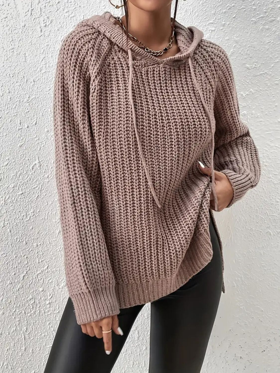 High-Low Side Slit Drawstring Long Sleeve Hooded Sweater-True and Wild