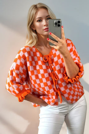 Double Take Tied Checkered Dropped Shoulder Flounce Sleeve Cardigan-True and Wild