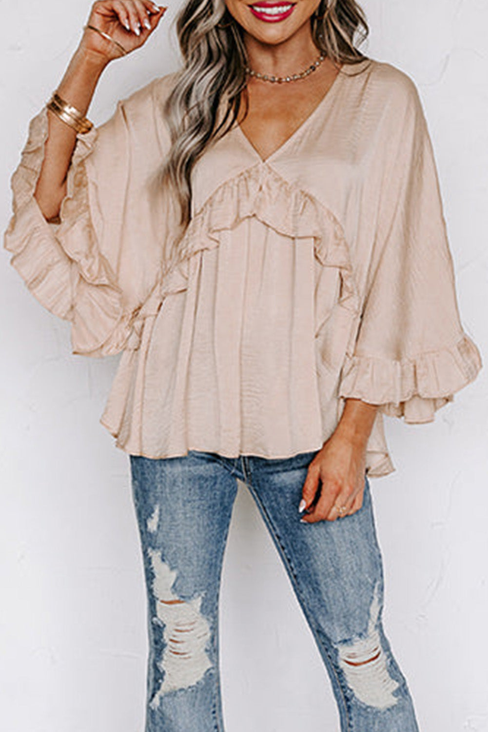 Apricot V Neck Draped Batwing Sleeve Ruffle Top-True and Wild