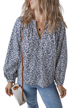 Blue Floral Print Notched V Neck Puff Sleeve Blouse-True and Wild