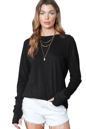 Green Plain Solid Casual Thumbhole Long Sleeve Top-True and Wild