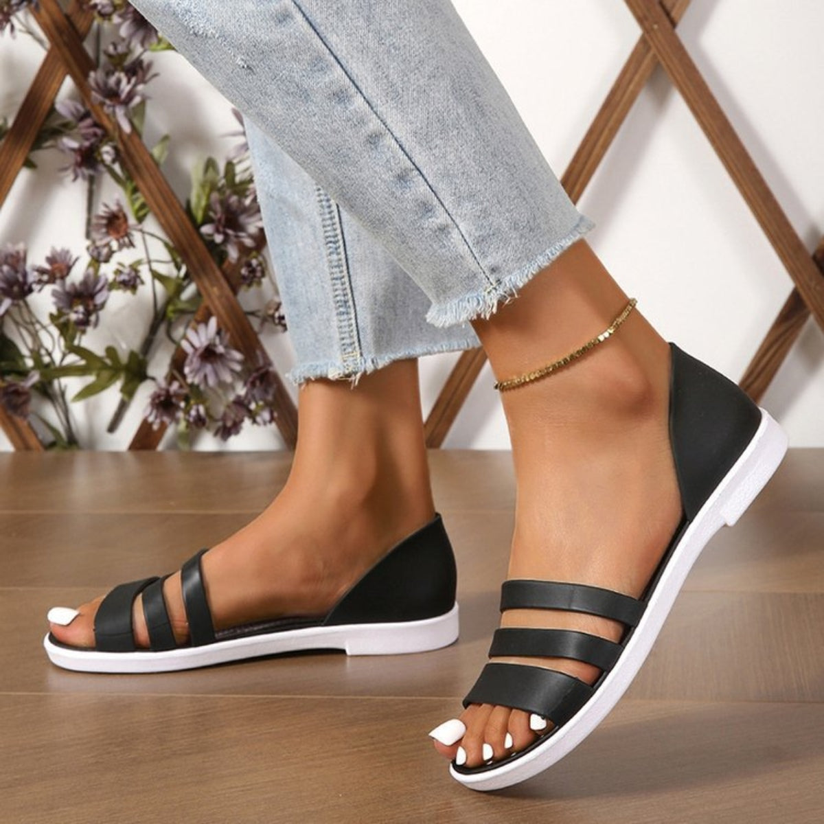 PU Leather Three-Strap Sandals-True and Wild