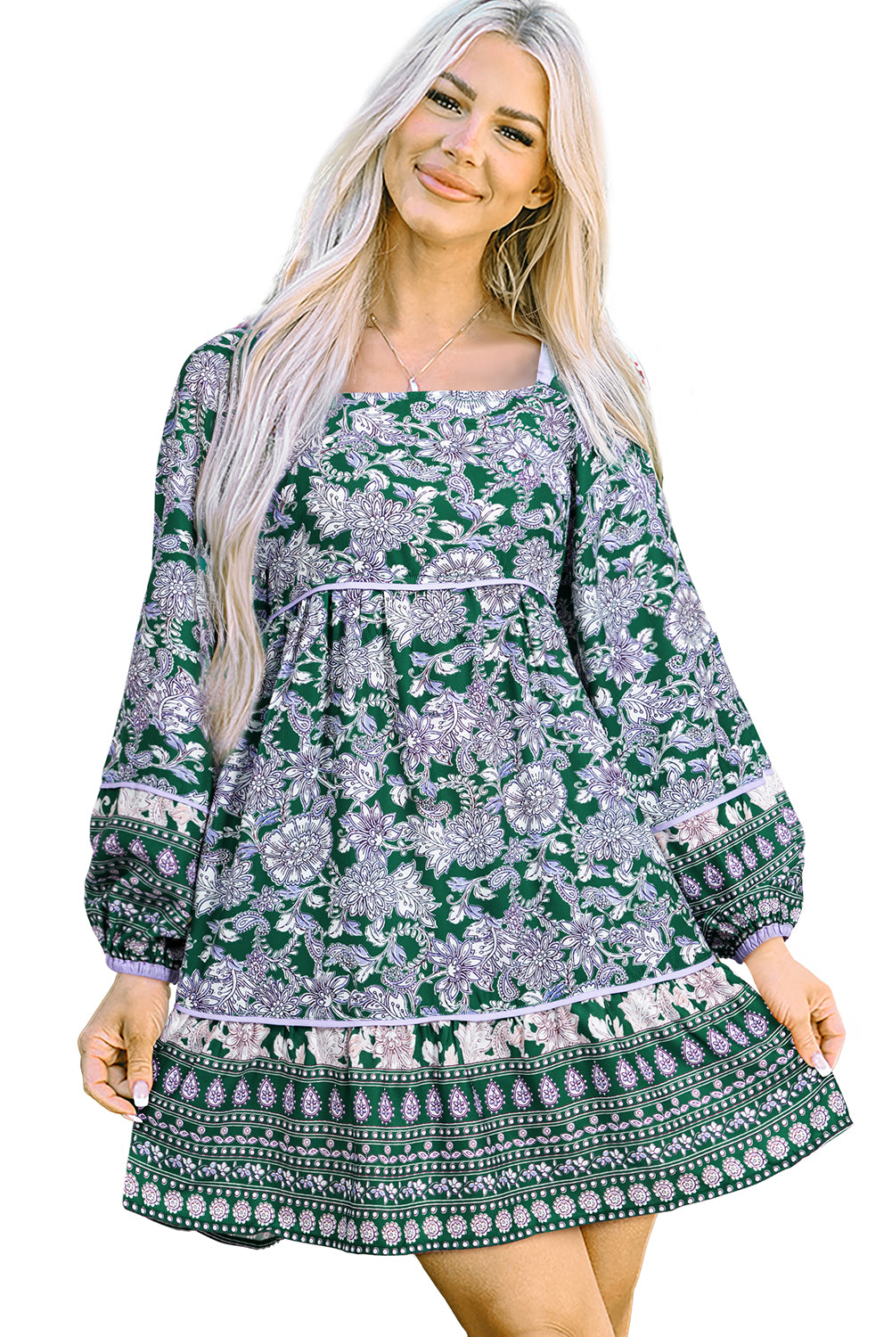 Green Floral Print Piping Trim Bubble Sleeve Bohemian Dress