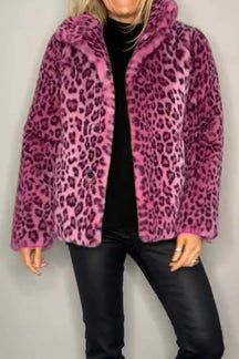 Full Size Leopard Furry Collared Neck Long Sleeve Coat-True and Wild