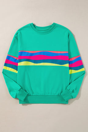 Green Colorful Striped Round Neck Long Sleeve Top