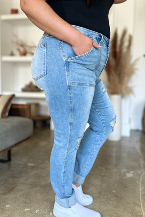 Judy Blue Full Size Distressed Straight Jeans with Patch Pockets-True and Wild