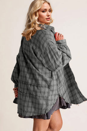 Exposed Seam Plaid Collared Neck Long Sleeve Shirt-True and Wild