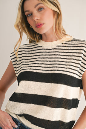 Black White Striped Sleeveless Knit Top-True and Wild