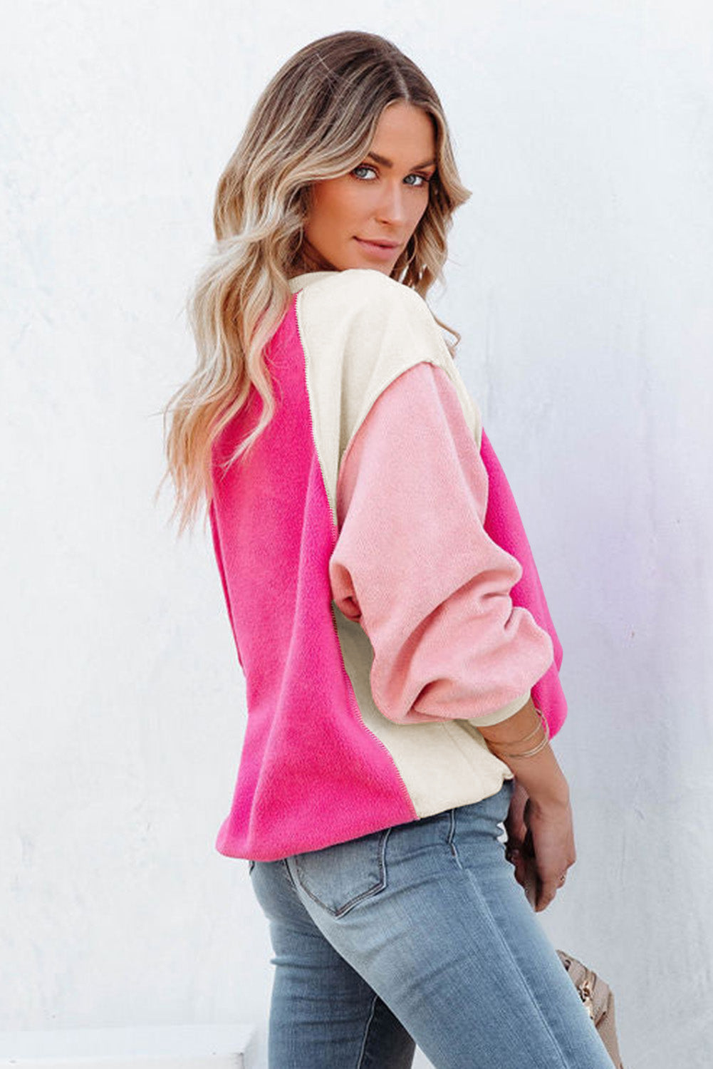 Rosy Colorblock Patchwork Plush Pullover Sweatshirt-True and Wild