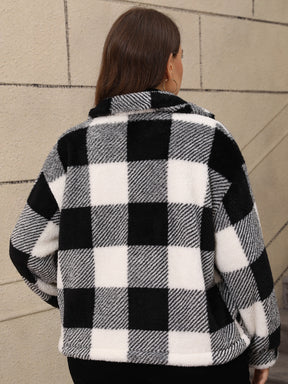 Plus Size Pocketed Plaid Collared Neck Jacket-True and Wild