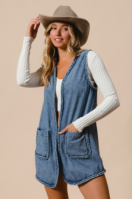 BiBi Braided Trim Open Front Denim Vest with Pockets-True and Wild