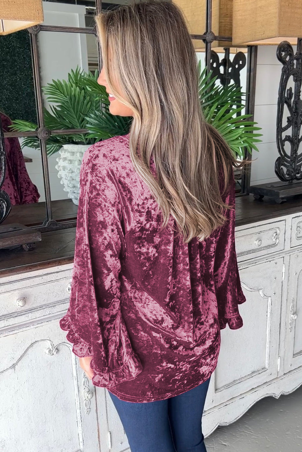 Red Dahlia Ruffle Bell Sleeve Loose Velvet Blouse-True and Wild