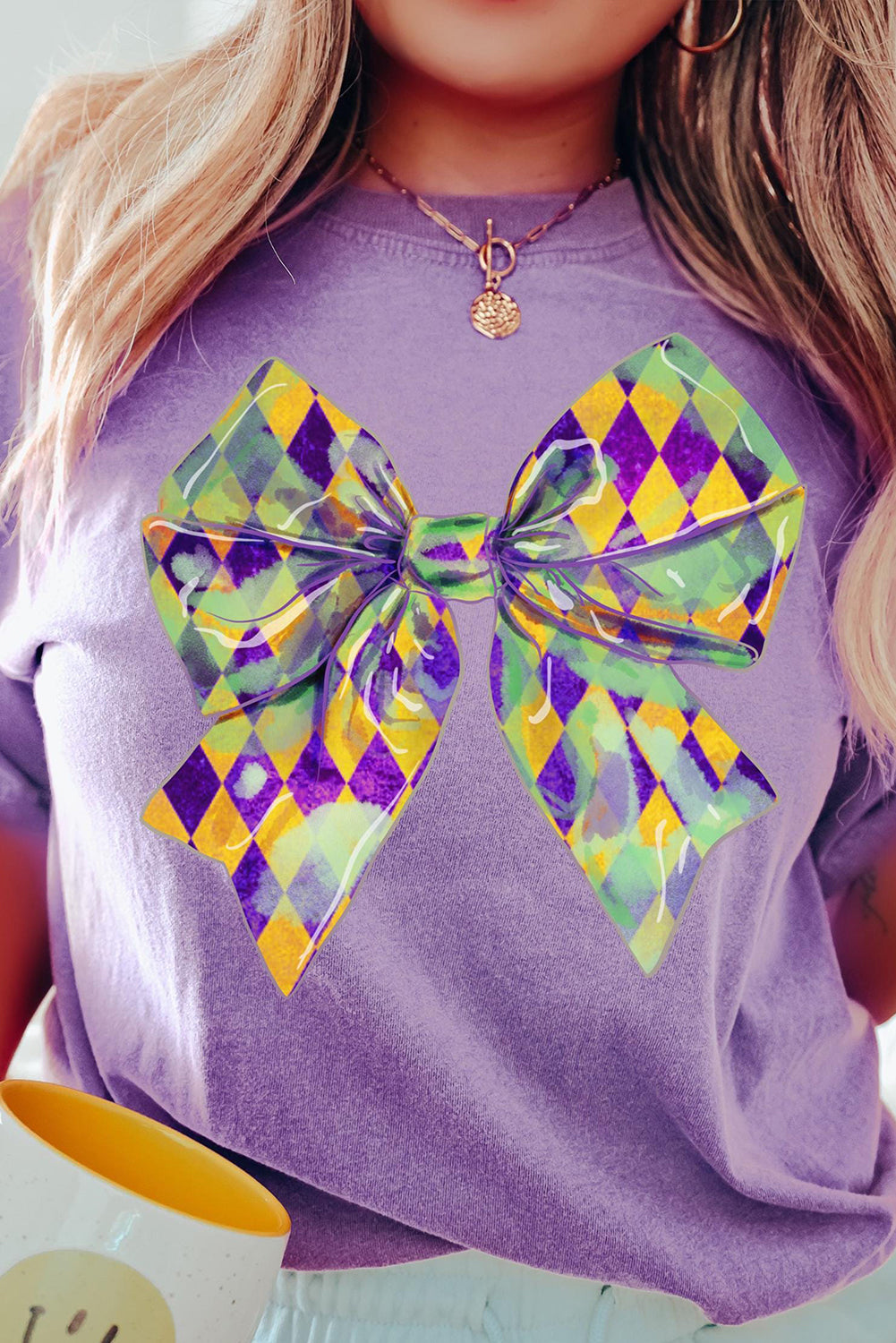 Wisteria Plaid Bow Mardi Gras Crewneck Tee