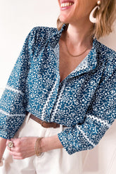 Blue Floral Ric Rac Button Loose Fit Shirt-True and Wild