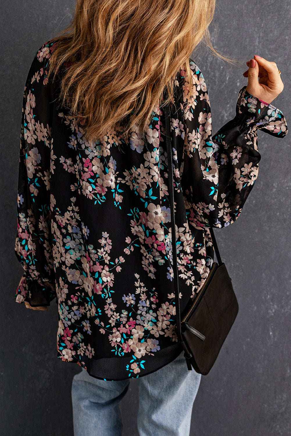 Black Floral Boho Chiffon Peasant Sleeve Blouse-True and Wild