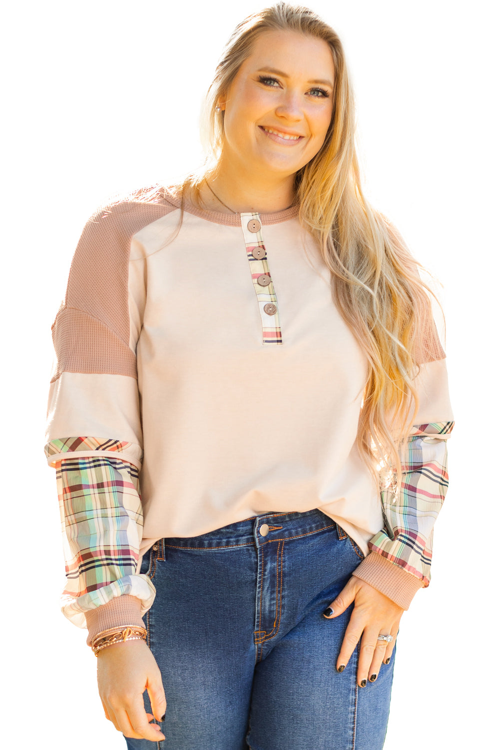 Parchment Plus Size Plaid Waffle Patchwork Henley Top-True and Wild