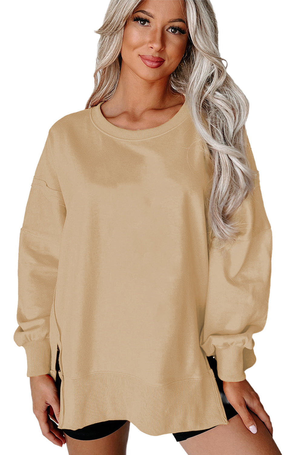 Carrot Exposed Seam Drop Shoulder Side Slit Sweatshirt-True and Wild