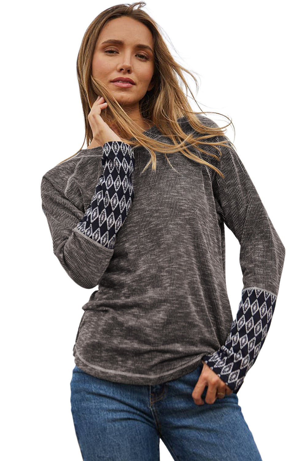 Gray Ribbed Casual Geometric Patchwork Long Sleeve Top-True and Wild