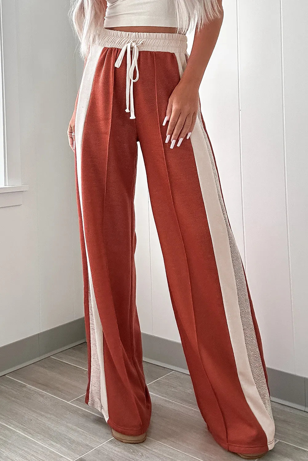 Drawstring Contrast Wide Leg Pants-True and Wild