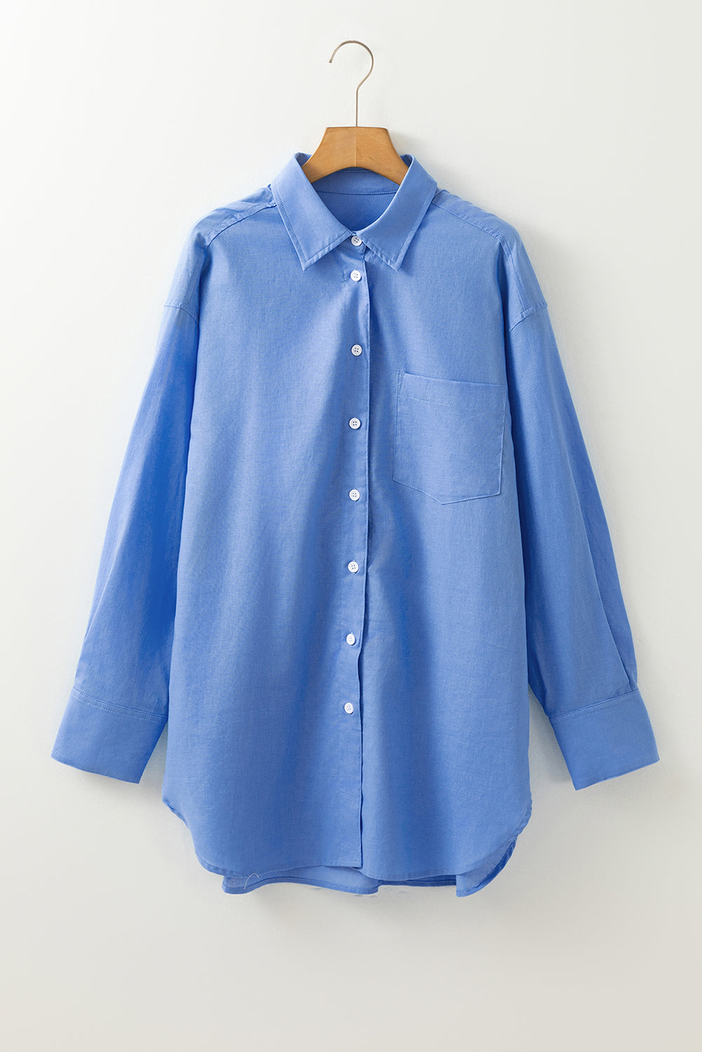 Blue Chest Pocket Button-up Loose Fit Blouse-True and Wild