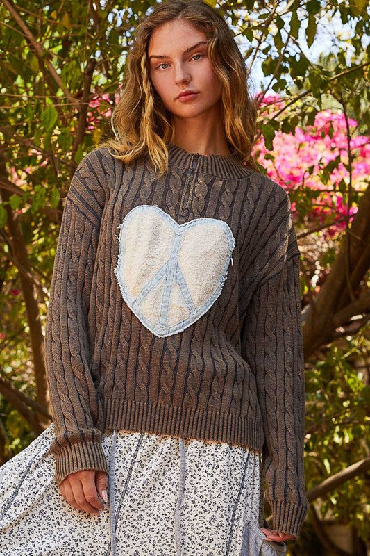 POL Cable-Knit Peace Patch Dropped Shoulder Sweater-True and Wild