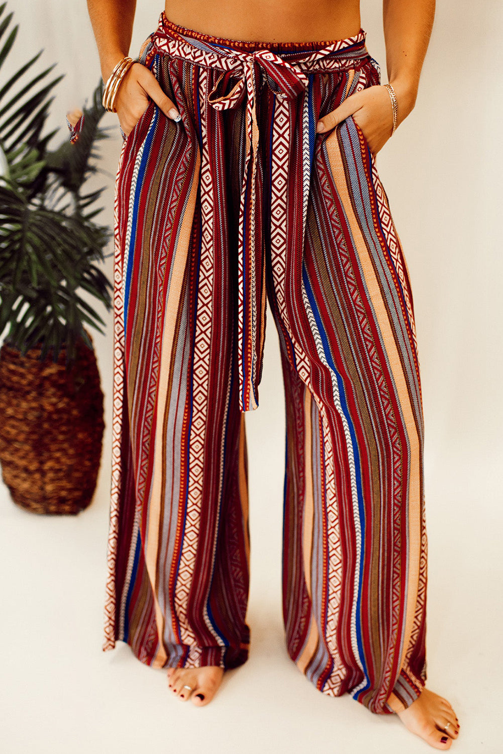 Red Boho Ethnic Striped Print Tie Waist Wide Leg Pants-True and Wild