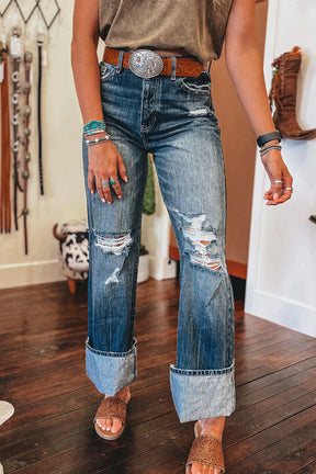 Dusk Blue Mineral Washed High Rise Ripped Jeans-True and Wild